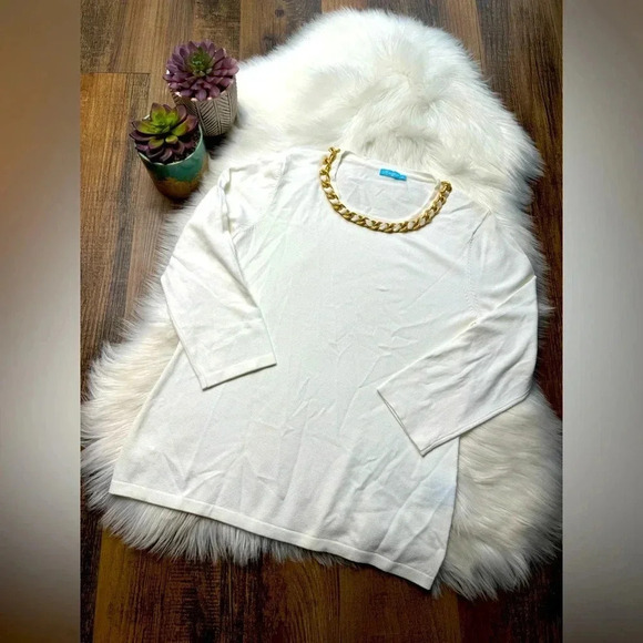 J. McLaughlin white 3/4 Sleevs Sweater with Braided Gold Necklace - Picture 1 of 5
